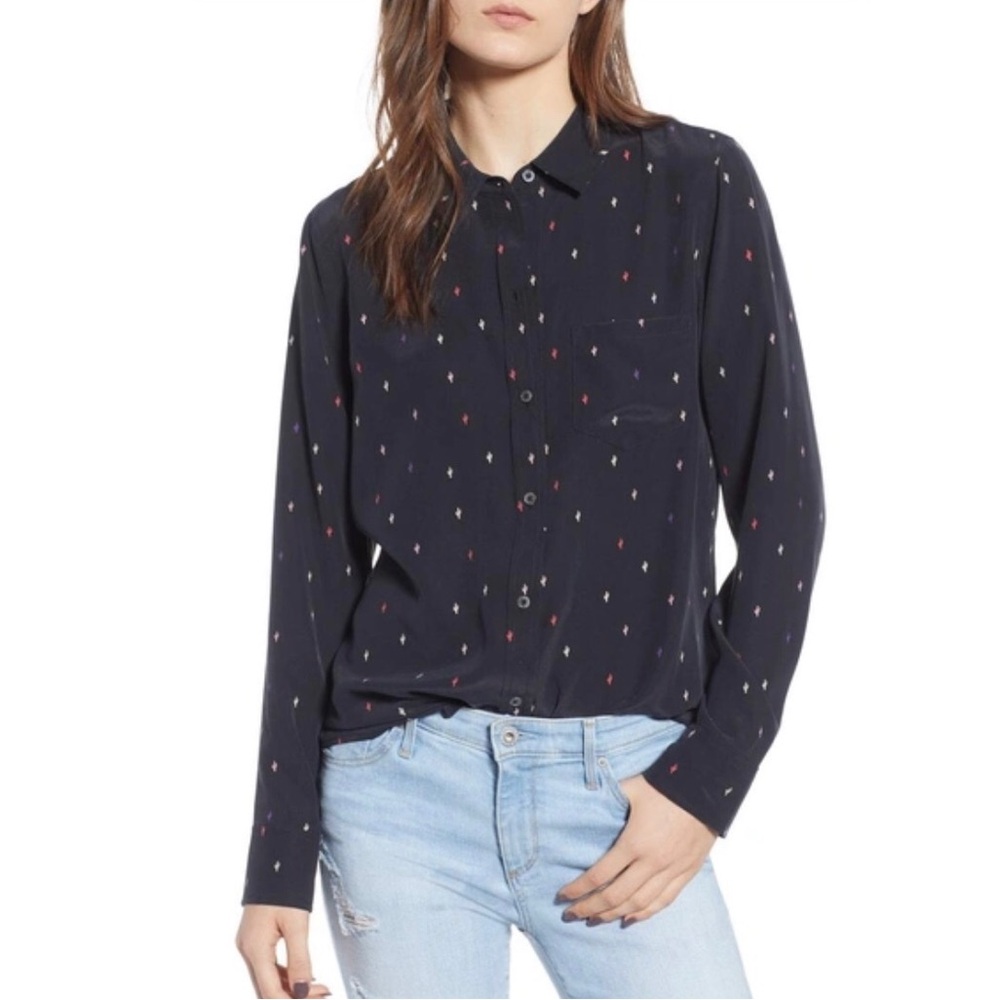 Rails Kate Silk Printed Button Down Blouse in Black Rainbow Cactus Size Small